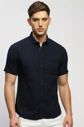 men's short sleeves solid navy blue shirt
