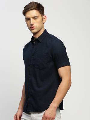 men's short sleeves solid navy blue shirt 3