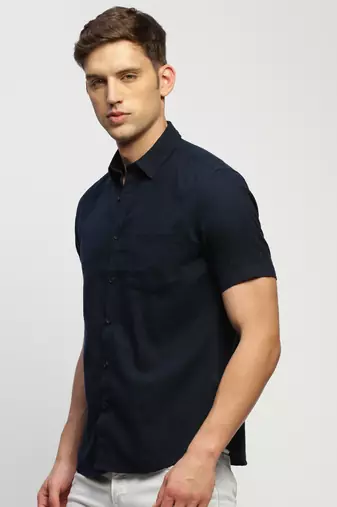 men's short sleeves solid navy blue shirt