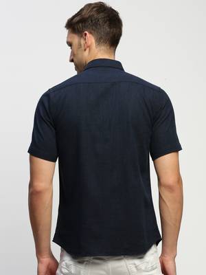 men's short sleeves solid navy blue shirt 4