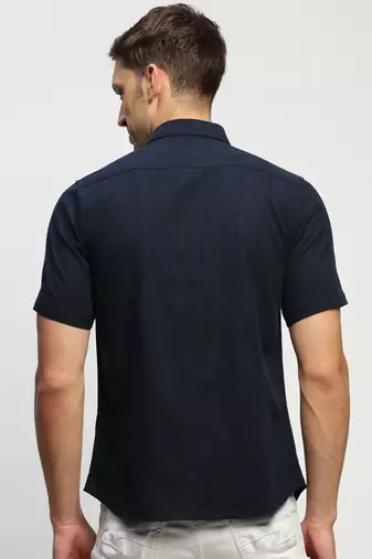 men's short sleeves solid navy blue shirt