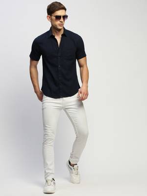 men's short sleeves solid navy blue shirt 5
