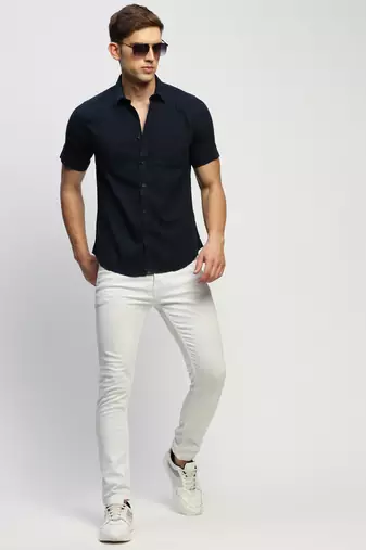 men's short sleeves solid navy blue shirt