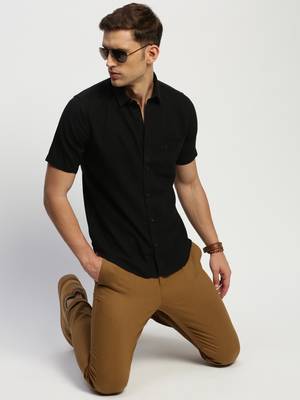 men's short sleeves solid black shirt 5