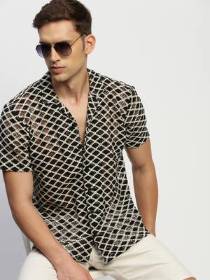 Showoff men's short sleeves geometric cream  sheer shirt 1