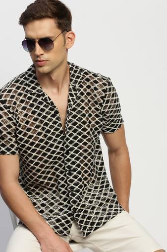 Showoff men's short sleeves geometric cream  sheer shirt