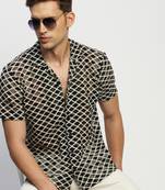Showoff men's short sleeves geometric cream  sheer shirt