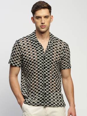 Showoff men's short sleeves geometric cream  sheer shirt 2
