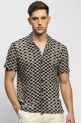 Showoff men's short sleeves geometric cream  sheer shirt