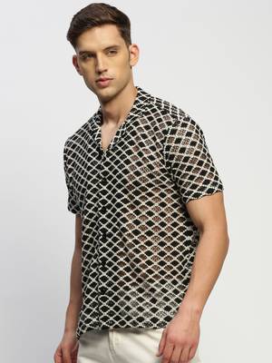 Showoff men's short sleeves geometric cream  sheer shirt 3