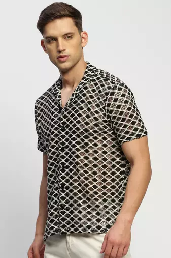 Showoff men's short sleeves geometric cream  sheer shirt