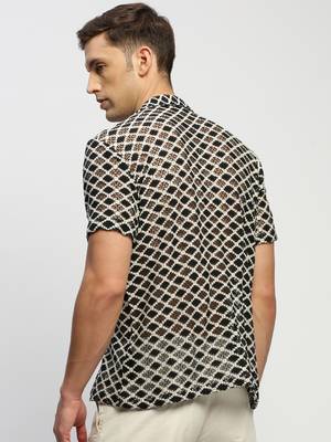 Showoff men's short sleeves geometric cream  sheer shirt 4