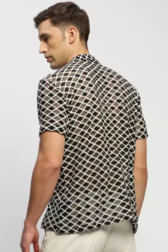 Showoff men's short sleeves geometric cream  sheer shirt