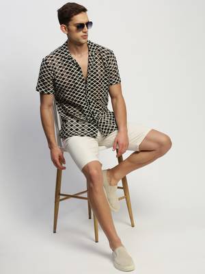 Showoff men's short sleeves geometric cream  sheer shirt 5