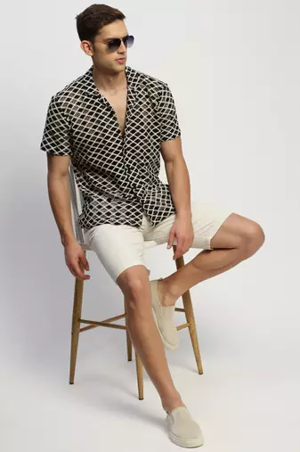 Showoff men's short sleeves geometric cream  sheer shirt