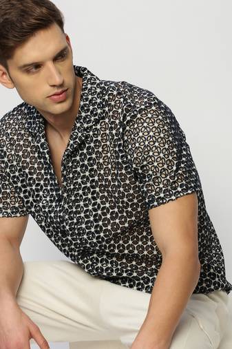 Showoff men's short sleeves floral black  sheer shirt