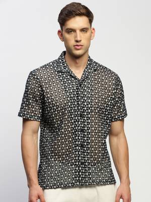 Showoff men's short sleeves floral black  sheer shirt 2