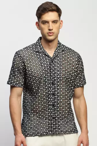 Showoff men's short sleeves floral black  sheer shirt