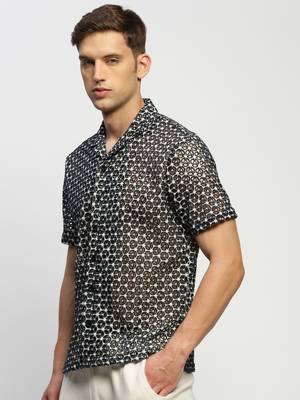 Showoff men's short sleeves floral black  sheer shirt 3