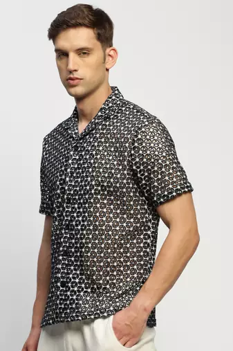 Showoff men's short sleeves floral black  sheer shirt