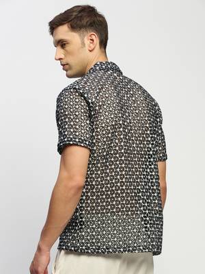 Showoff men's short sleeves floral black  sheer shirt 4