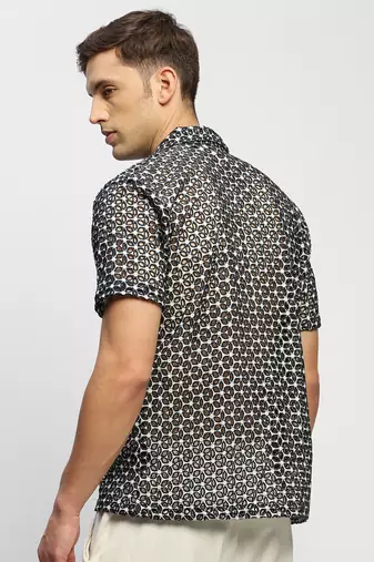 Showoff men's short sleeves floral black  sheer shirt