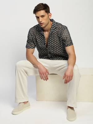 Showoff men's short sleeves floral black  sheer shirt 5