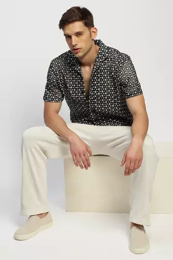 Showoff men's short sleeves floral black  sheer shirt