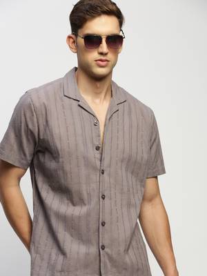 men's short sleeves vertical stripes grey  sheer shirt 1