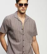 men's short sleeves vertical stripes grey  sheer shirt