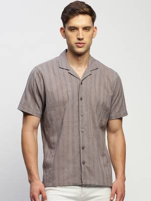 men's short sleeves vertical stripes grey  sheer shirt 2