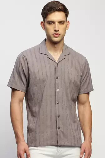 men's short sleeves vertical stripes grey  sheer shirt