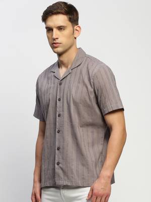 men's short sleeves vertical stripes grey  sheer shirt 3