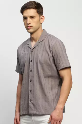 men's short sleeves vertical stripes grey  sheer shirt