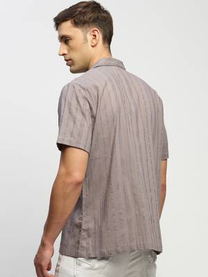 men's short sleeves vertical stripes grey  sheer shirt 4