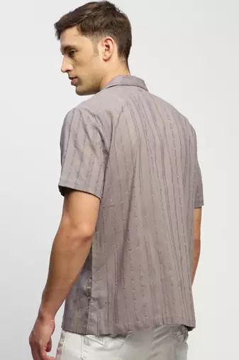 men's short sleeves vertical stripes grey  sheer shirt