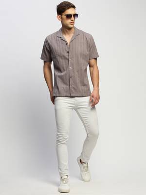 men's short sleeves vertical stripes grey  sheer shirt 5