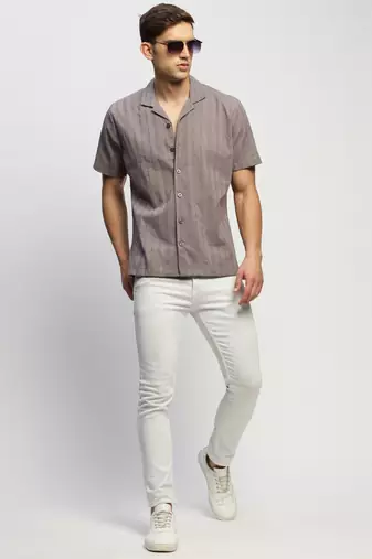 men's short sleeves vertical stripes grey  sheer shirt