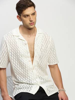 Showoff men's short sleeves solid white  sheer shirt 1