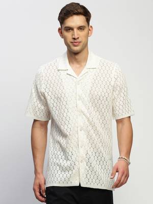 Showoff men's short sleeves solid white  sheer shirt 2