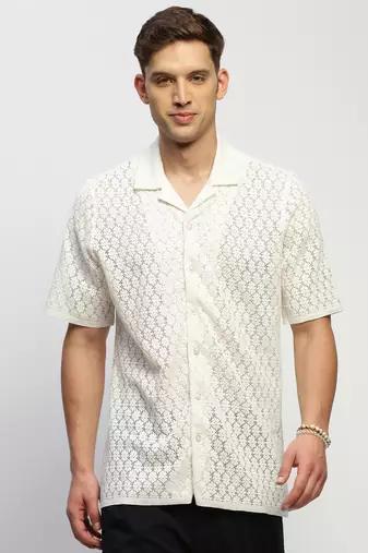 Showoff men's short sleeves solid white  sheer shirt