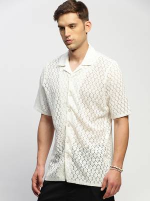 Showoff men's short sleeves solid white  sheer shirt 3