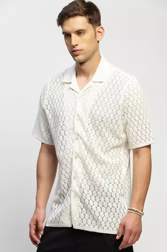 Showoff men's short sleeves solid white  sheer shirt