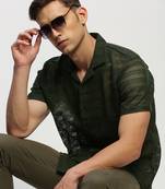 men's short sleeves solid olive  sheer shirt