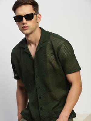 men's short sleeves solid olive  sheer shirt 1