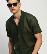 men's short sleeves solid olive  sheer shirt