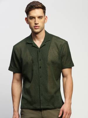 men's short sleeves solid olive  sheer shirt 2