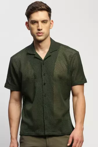 men's short sleeves solid olive  sheer shirt