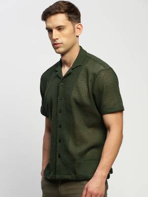 men's short sleeves solid olive  sheer shirt 3