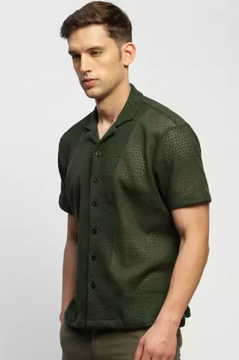 men's short sleeves solid olive  sheer shirt
